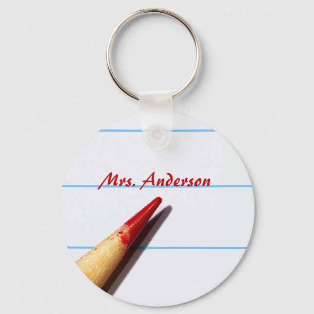 Red Teacher Pencil On Lined Paper With Name Keychain (Front)