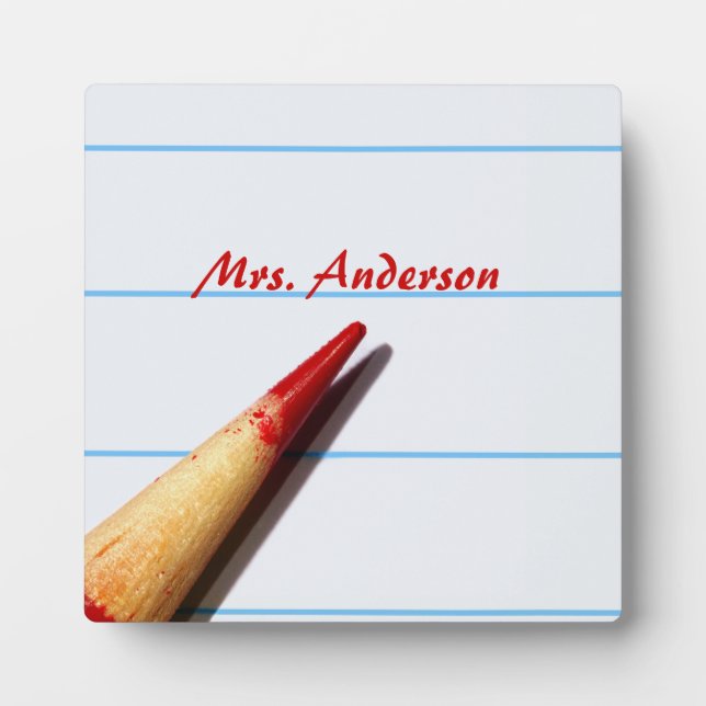 Red Teacher Pencil On Lined Paper With Name Plaque (Front)