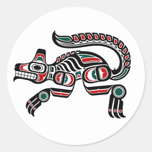 Red Teal and Black Haida Spirit Wolf Classic Round Sticker (Front)