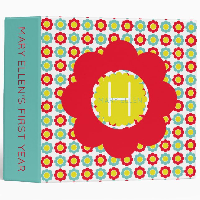 Red Teal and Yellow Flowers on White Monogram Binder (Front/Spine)
