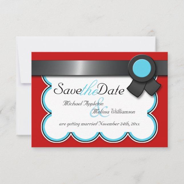 Red & Teal, Black Ribbon Save the Date Invitation (Front)