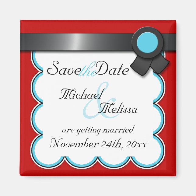 Red & Teal, Black Ribbon Save the Date Magnet (Front)