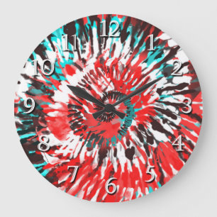 Red Teal Black White & Grey Tie Dye Large Clock