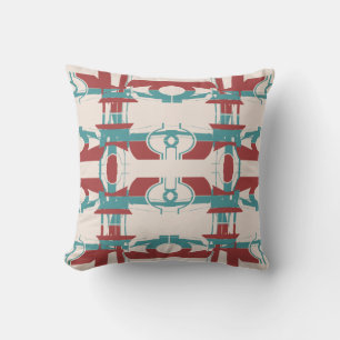 Red Teal Blue on Beige Symmetrical Mediterranean Throw Pillow