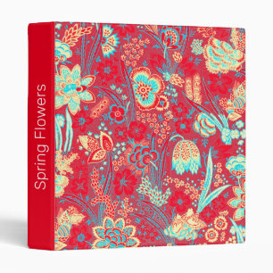 RED TEAL BLUE WILD FLOWERS TULIPS,LEAVES FLORAL BINDER
