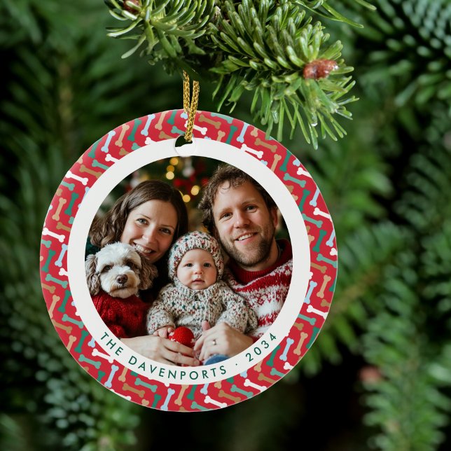 Red & Teal Bone Pattern Dog Family 2 Photos Ceramic Ornament (Red & Teal Bone Pattern Dog Family 2 Photos Ceramic Ornament)