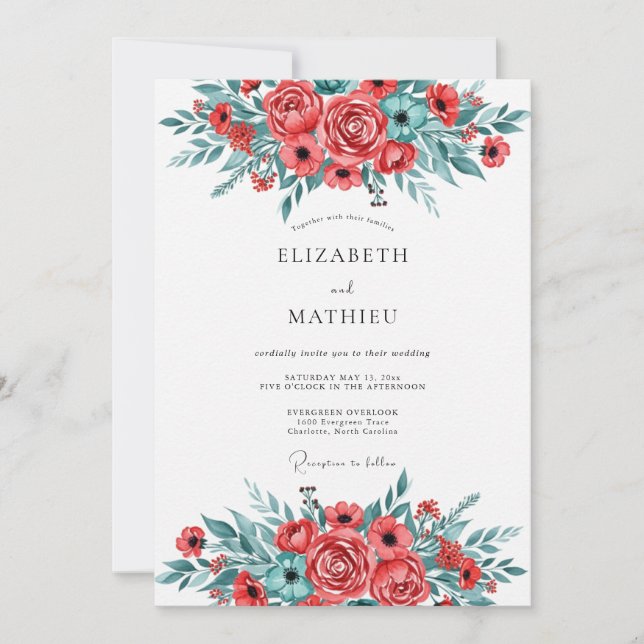 Red Teal Brilliant Spring Wedding Invitation (Front)