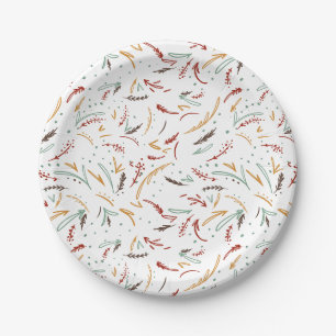 Red Teal & Brown Leaves and Berry Holiday Paper Plate