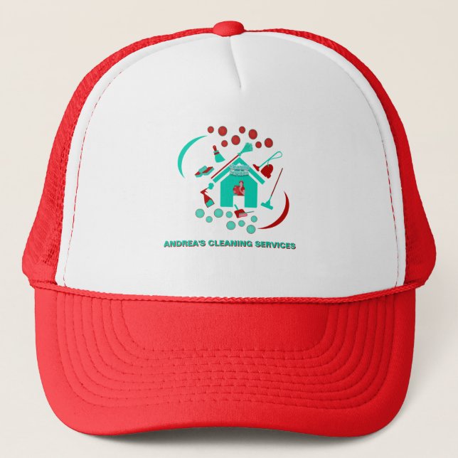 Red & Teal Cleaning Service Professional Logo Cute Trucker Hat (Front)