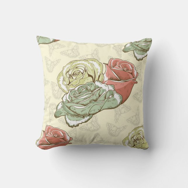 Red, Teal, Cream Roses Throw Pillow (Front)