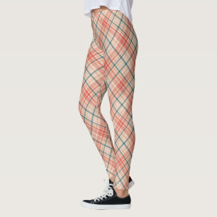 Red Teal Diagonal Madras Plaid Pattern Leggings