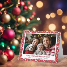 Red & Teal Dog Bones Pattern Christmas Pet Photo