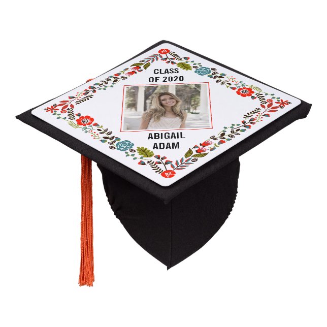 Red teal floral photo Class of 2020 graduation Graduation Cap Topper (Angled)