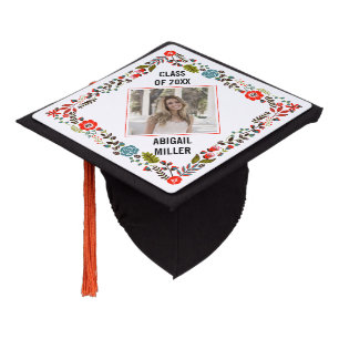 Red teal floral photo Class of 2026 graduation Cap Topper