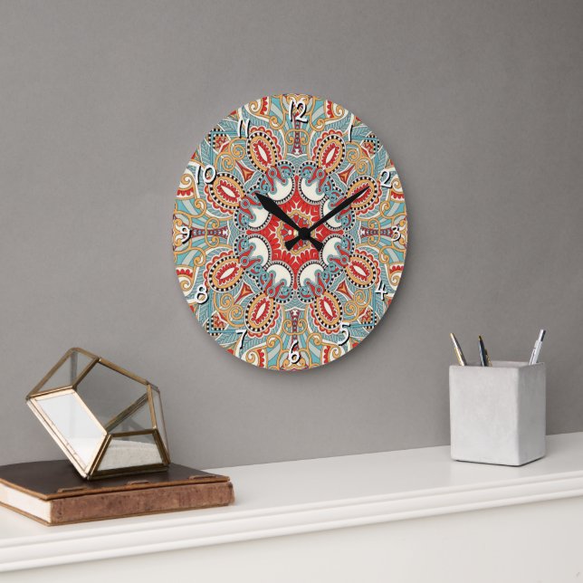 Red Teal Grey Blue Sunny Yelllow Kaleidoscope Art Large Clock (Office)