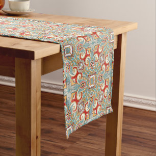 Red Teal Grey Blue Sunny Yelllow Kaleidoscope Art Short Table Runner