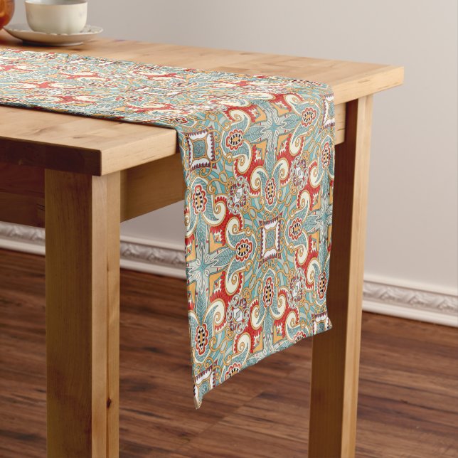 Red Teal Grey Blue Sunny Yelllow Kaleidoscope Art Short Table Runner (In Situ)