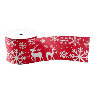 Red Teal Holly Snowflakes and reindeer  Christmas  Grosgrain Ribbon