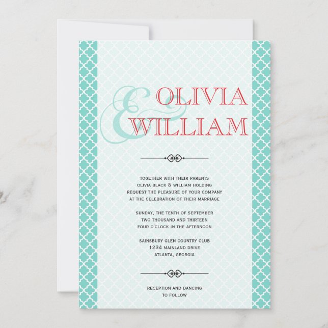Red teal Moroccan tile ampersand modern wedding Invitation (Front)