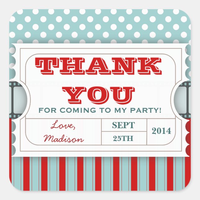 Red | Teal Movie Ticket Birthday Thank You Sticker (Front)