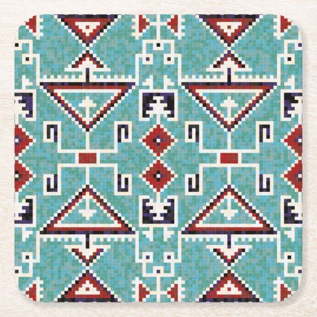 Red & Teal Native American Indians Navajo Pattern Square Paper Coaster (Front)
