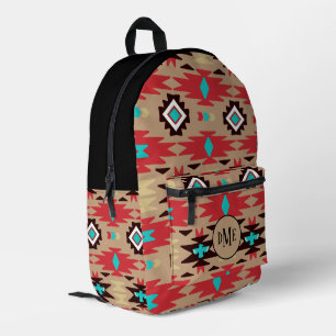 Red Teal Native American Vision Monogram Printed Backpack