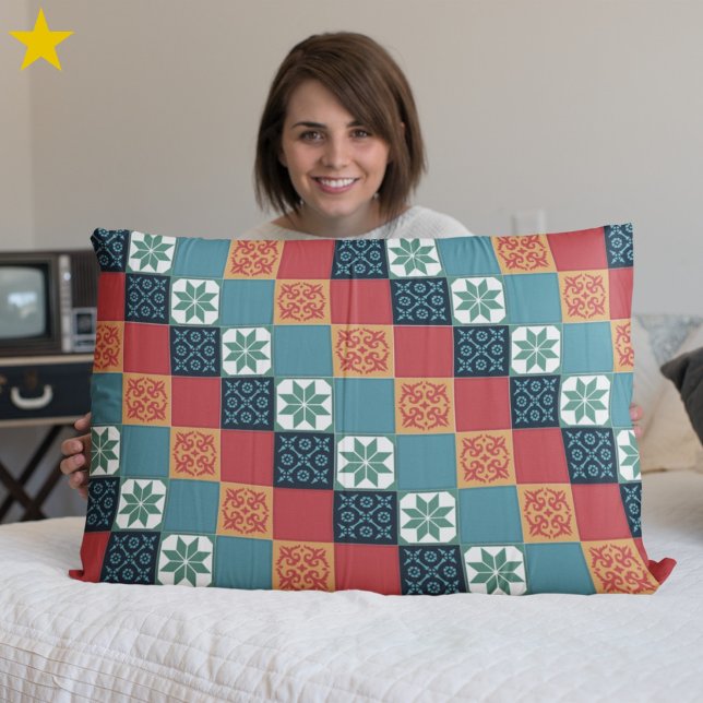 Red Teal Orange Classic European Mosaic Tiles Pillowcase (Creator Uploaded)