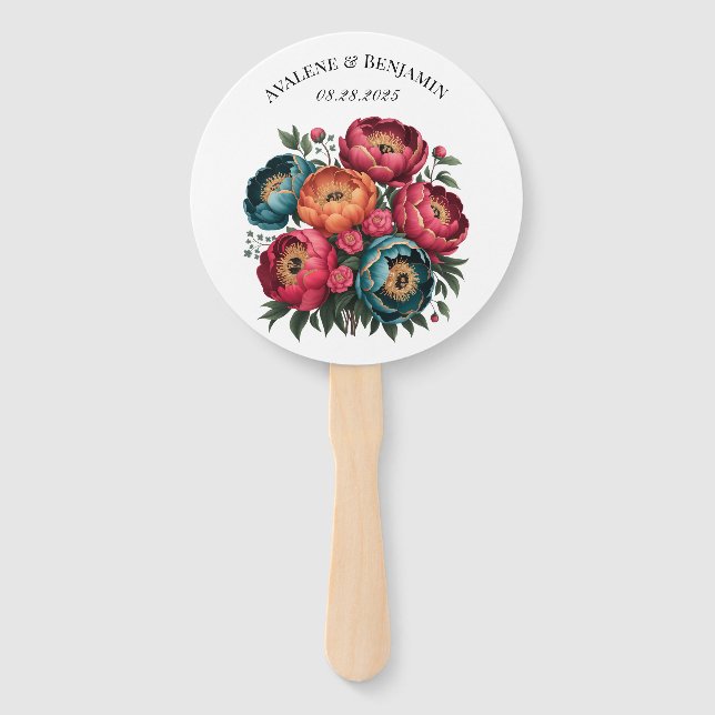 Red Teal Orange Peony Blooms Gold Trim Wedding Hand Fan (Front)