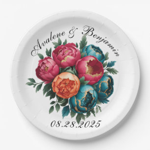 Red Teal Orange Peony Blooms Gold Trim Wedding Paper Plate