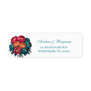 Red Teal Orange Peony Gold Trim Wedding Address