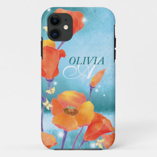 Red Teal Poppy Floral Monogram iPhone 5 Case-Mate iPhone 11 Case