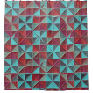 red, teal, purple, and gray quilt