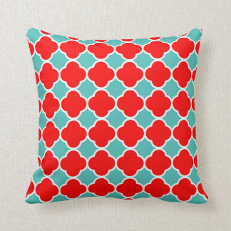 Red Teal Quatrefoil Pattern Throw Pillow