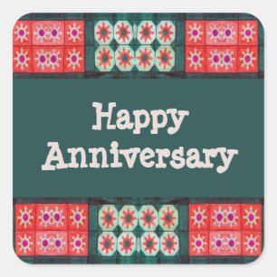 Red Teal Tile Pattern Happy Anniversary Square Sticker