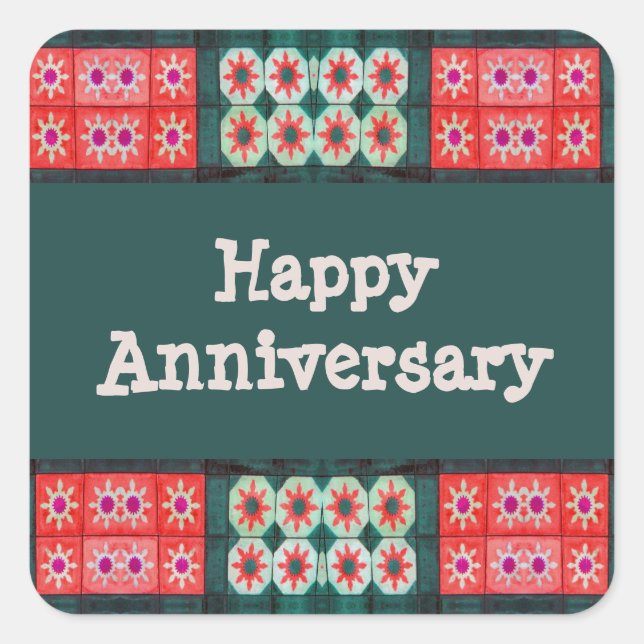 Red Teal Tile Pattern Happy Anniversary Square Sticker (Front)