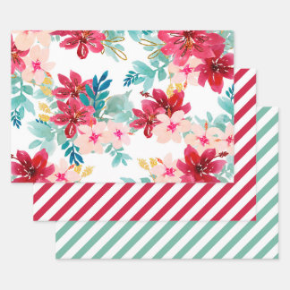 Red Teal Watercolor Floral Greenery Stripe  Wrapping Paper Sheet