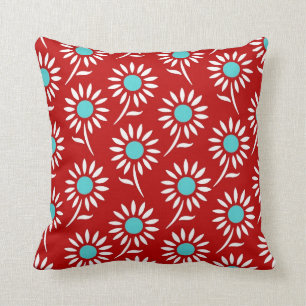 Red Teal White Floral Decorative Pillow