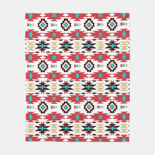Red Teal White Native American Pattern Fleece Blanket