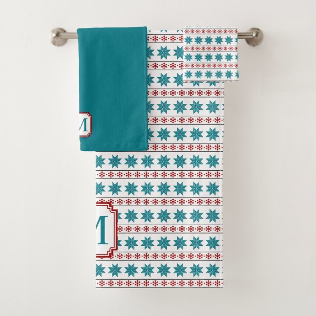 Red Teal Winter Snowflake Nordic Pattern Monogram Bath Towel Set (Insitu)