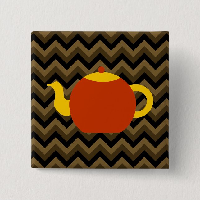 Red Teapot on Brown Zigzags. 2 Inch Square Button (Front)