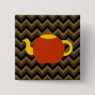 Red Teapot on Brown Zigzags. 2 Inch Square Button