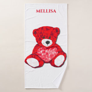 RED teddy bear bath towel, personalized name. Bath Towel