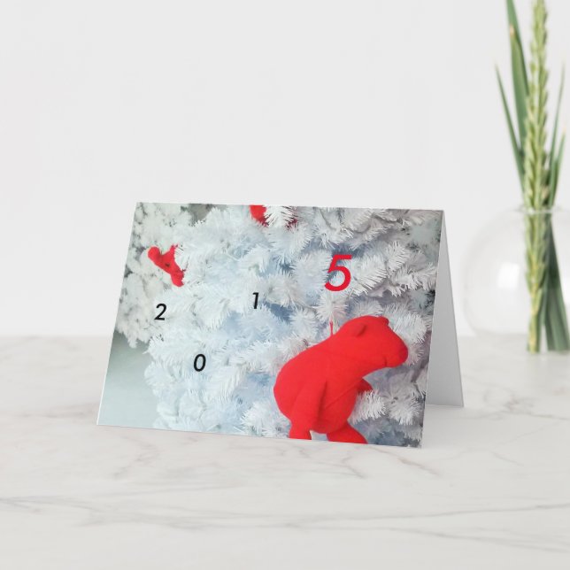 Red Teddy bear in Christmas Tree Holiday Card (Front)
