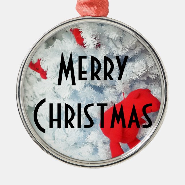 Red Teddy bear in Christmas Tree Metal Ornament (Front)