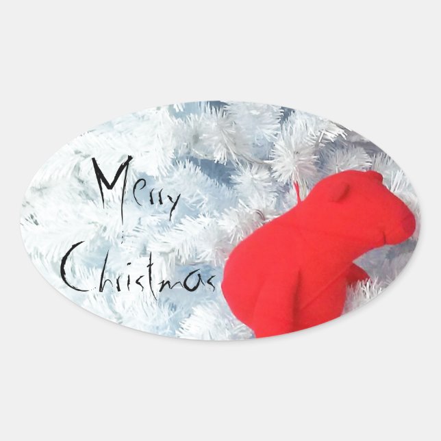 Red Teddy bear in Christmas Tree Oval Sticker (Front)