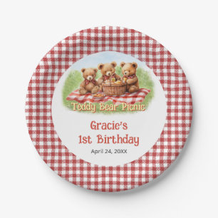 Red Teddy Bear Picnic Birthday Paper Plate