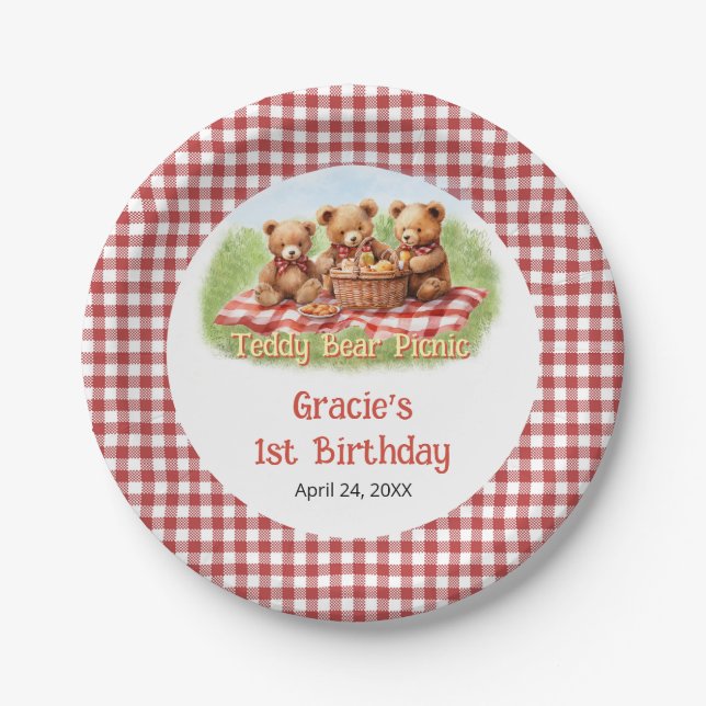 Red Teddy Bear Picnic Birthday Paper Plate (Front)