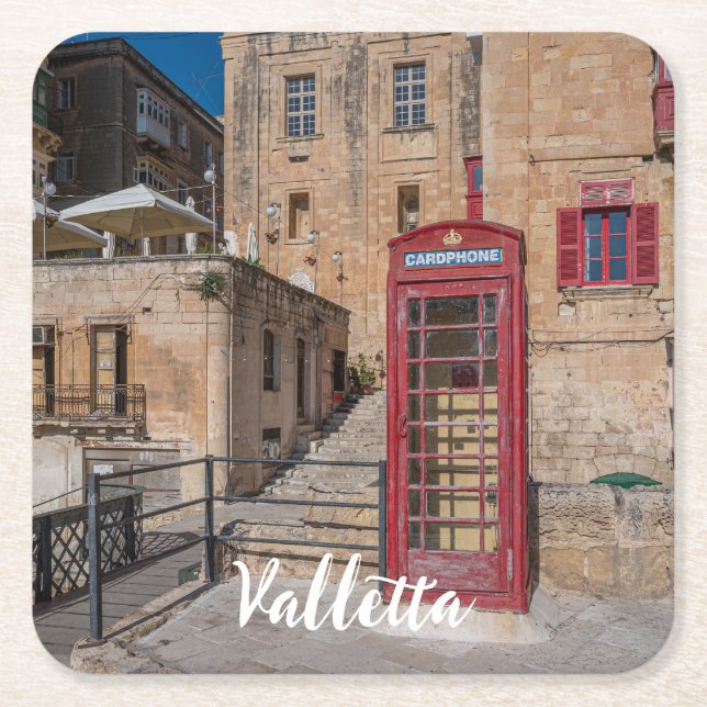 Red telephone booth in Valletta Malta Square Paper Coaster (Front)