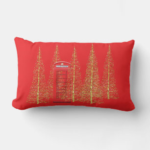 Red Telephone Box Gold Trees Lumbar Throw Pillow