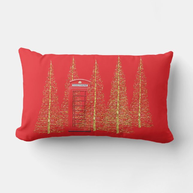Red Telephone Box Gold Trees  Lumbar Throw Pillow (Front)